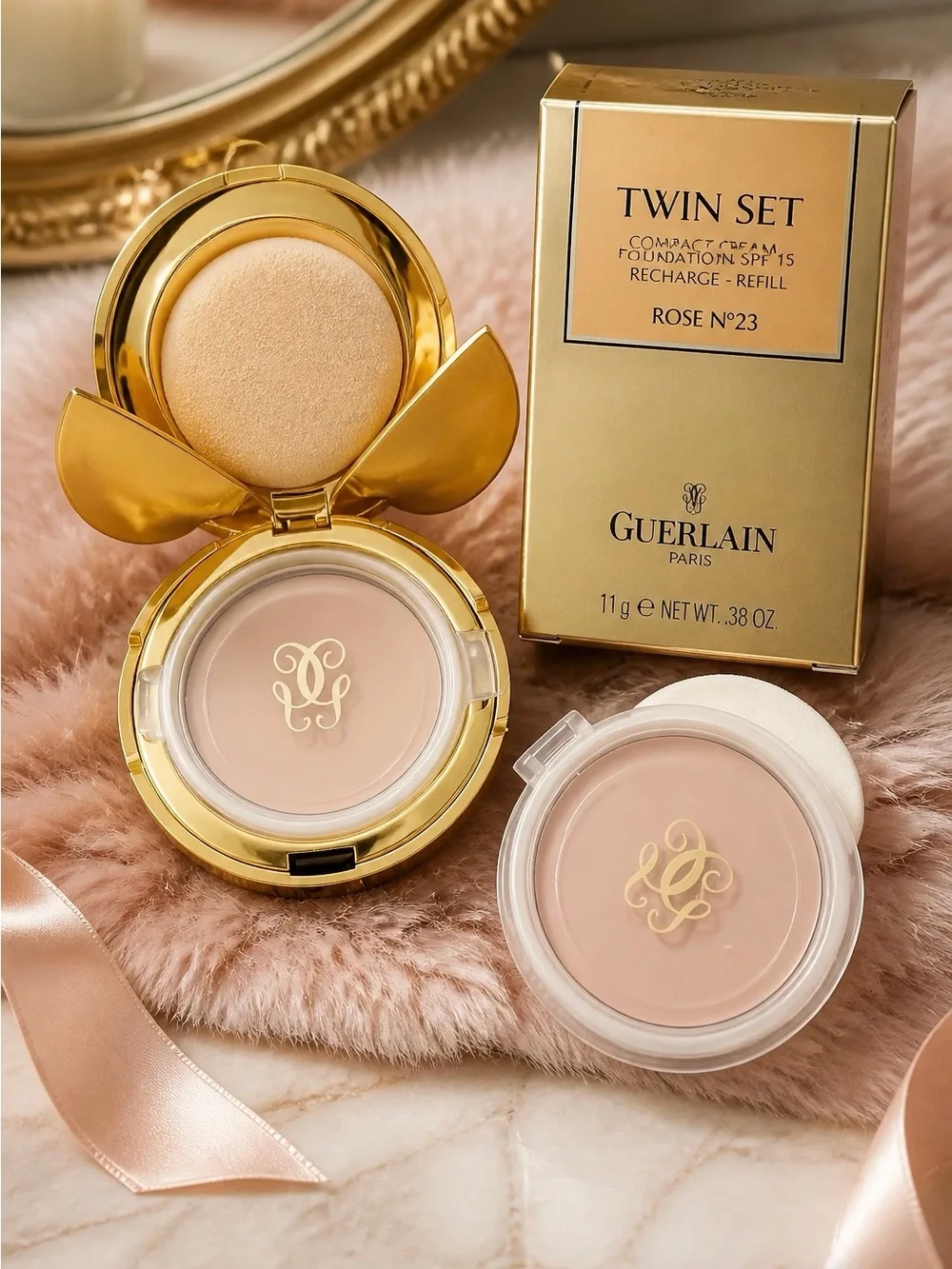 GUERLAIN Twin Set Compact Cream Foundation – Rose N°23 (Gold & Cream)